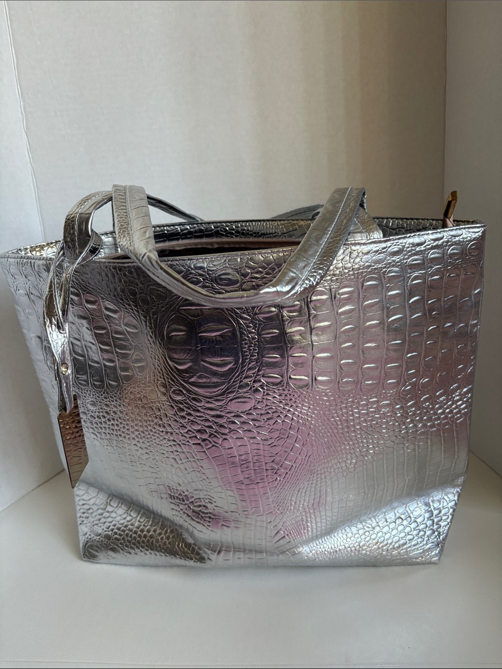 Metallic Silver Croc-Embossed Tote Bag for Women